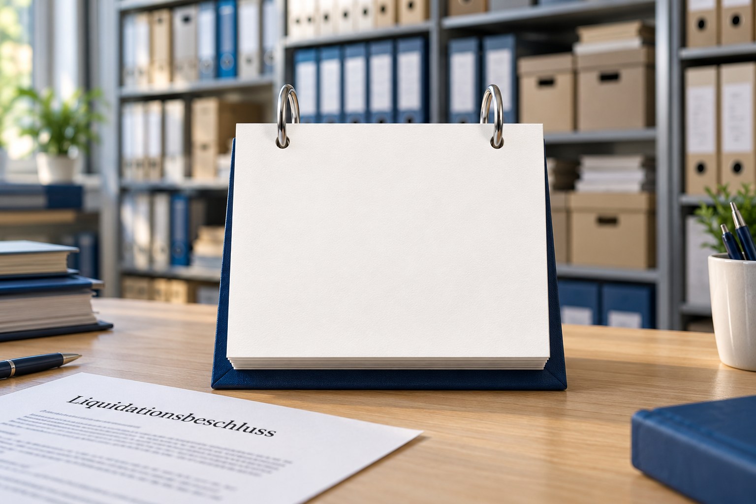 Tischkalender mit Ringbindung, dahinter Aktenregale, auf dem Schreibtisch ein Liquidationsbeschluss.